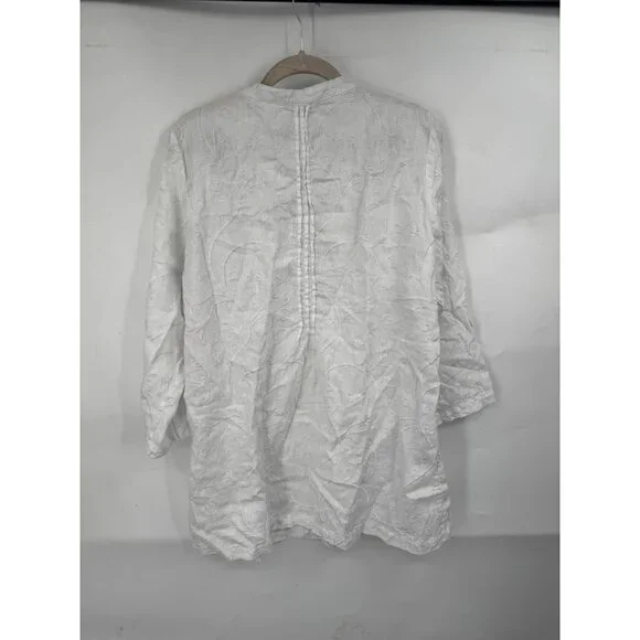 Kenar 100% Linen Shirt Women XL White Embroidered Roll Tab Sleeve Coastal Beach - Picture 2 of 8